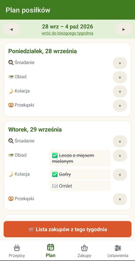 Plan posiłków: tydzień w podziale na dni i pory posiłków, zrobione dania odhaczone