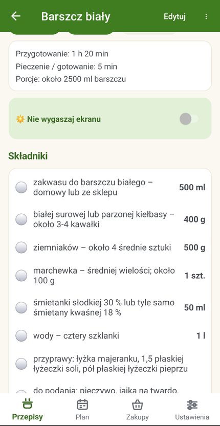 Karta przepisu w aplikacji: czas przygotowania i gotowania, porcje, przełącznik „Nie wygaszaj ekranu” i składniki do odhaczania