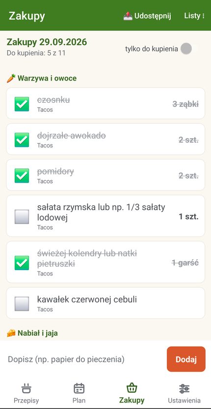 Lista zakupów: warzywa i owoce z ilościami, kupione pozycje przekreślone